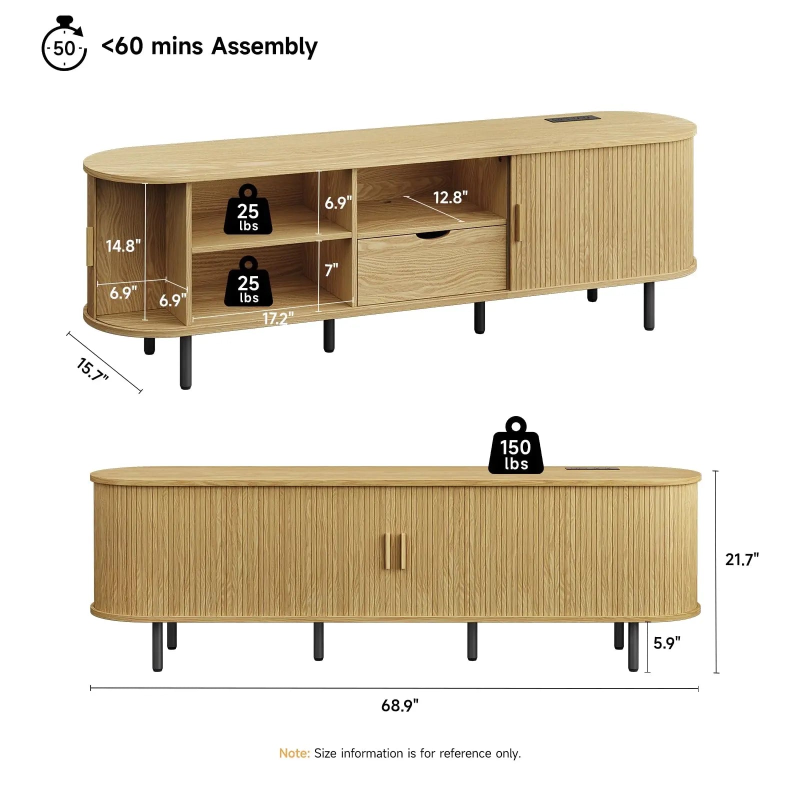 ONBRILL Mid-Century Modern Wooden TV Stand - 55/63/69 In, Fluted Look, Power Outlets, Sliding Doors, Adjustable Shelves, Easy Assembly, for 60/70 in Tvs, Living Room Furniture Media Console TV Shelf