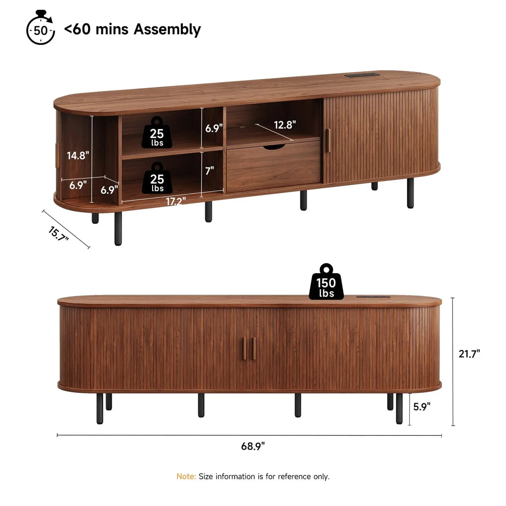 ONBRILL Mid-Century Modern Wooden TV Stand - 55/63/69 In, Fluted Look, Power Outlets, Sliding Doors, Adjustable Shelves, Easy Assembly, for 60/70 in Tvs, Living Room Furniture Media Console TV Shelf