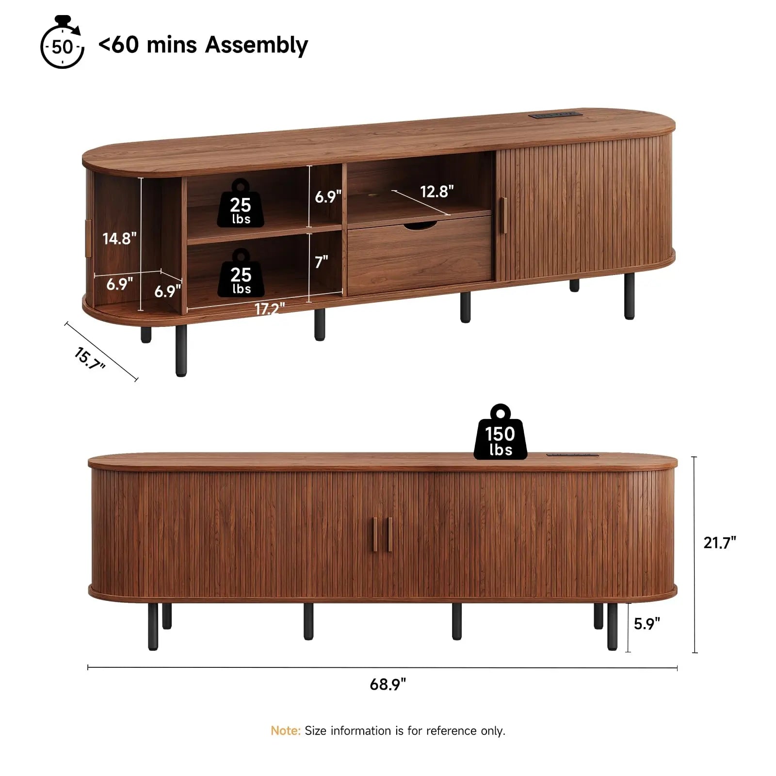 ONBRILL Mid-Century Modern Wooden TV Stand - 55/63/69 In, Fluted Look, Power Outlets, Sliding Doors, Adjustable Shelves, Easy Assembly, for 60/70 in Tvs, Living Room Furniture Media Console TV Shelf