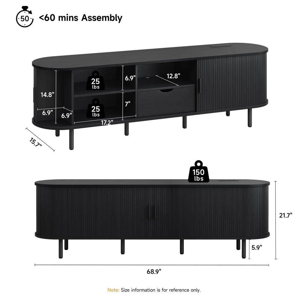 ONBRILL Mid-Century Modern Wooden TV Stand - 55/63/69 In, Fluted Look, Power Outlets, Sliding Doors, Adjustable Shelves, Easy Assembly, for 60/70 in Tvs, Living Room Furniture Media Console TV Shelf