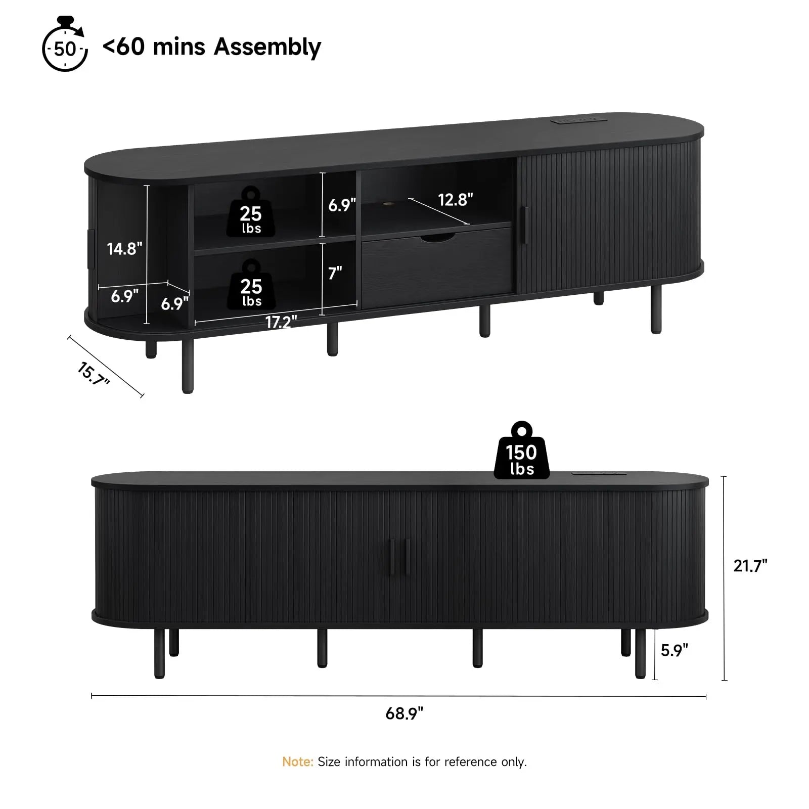 ONBRILL Mid-Century Modern Wooden TV Stand - 55/63/69 In, Fluted Look, Power Outlets, Sliding Doors, Adjustable Shelves, Easy Assembly, for 60/70 in Tvs, Living Room Furniture Media Console TV Shelf