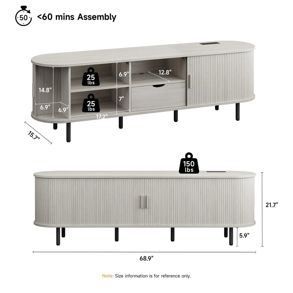 ONBRILL Mid-Century Modern Wooden TV Stand - 55/63/69 In, Fluted Look, Power Outlets, Sliding Doors, Adjustable Shelves, Easy Assembly, for 60/70 in Tvs, Living Room Furniture Media Console TV Shelf