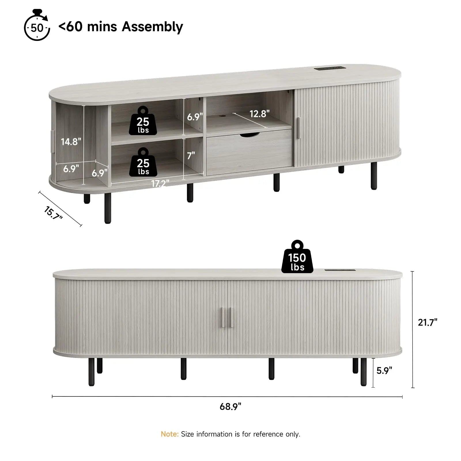 ONBRILL Mid-Century Modern Wooden TV Stand - 55/63/69 In, Fluted Look, Power Outlets, Sliding Doors, Adjustable Shelves, Easy Assembly, for 60/70 in Tvs, Living Room Furniture Media Console TV Shelf