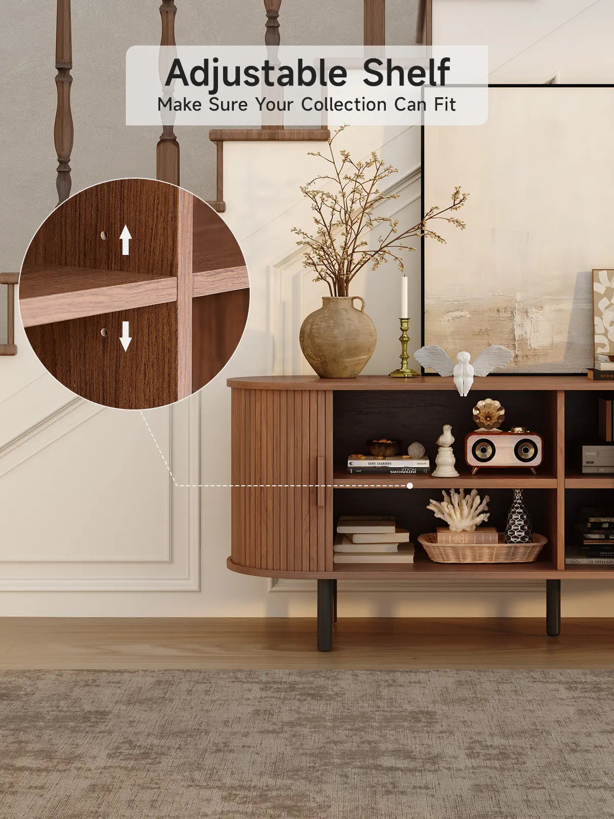 ONBRILL Mid-Century Modern Wooden TV Stand - 55/63/69 In, Fluted Look, Power Outlets, Sliding Doors, Adjustable Shelves, Easy Assembly, for 60/70 in Tvs, Living Room Furniture Media Console TV Shelf
