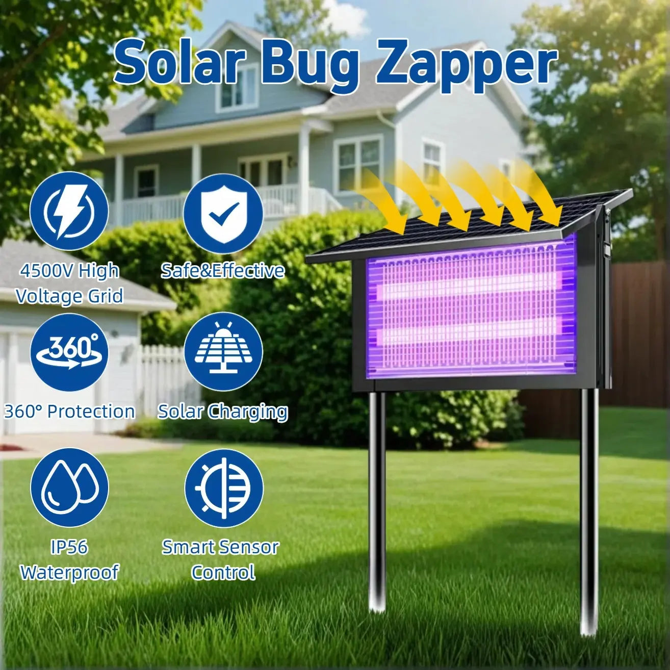 Solar Bug Zapper Outdoor, 4500V Mosquito Zapper Waterproof with Panel Sensor Electric Fly Zapper Rechargeable Mosquito Killer with 10FT Extension Cord, Fly Trap Ideal for Patio, Backyard, Camping Eliminator ,Dual Charging