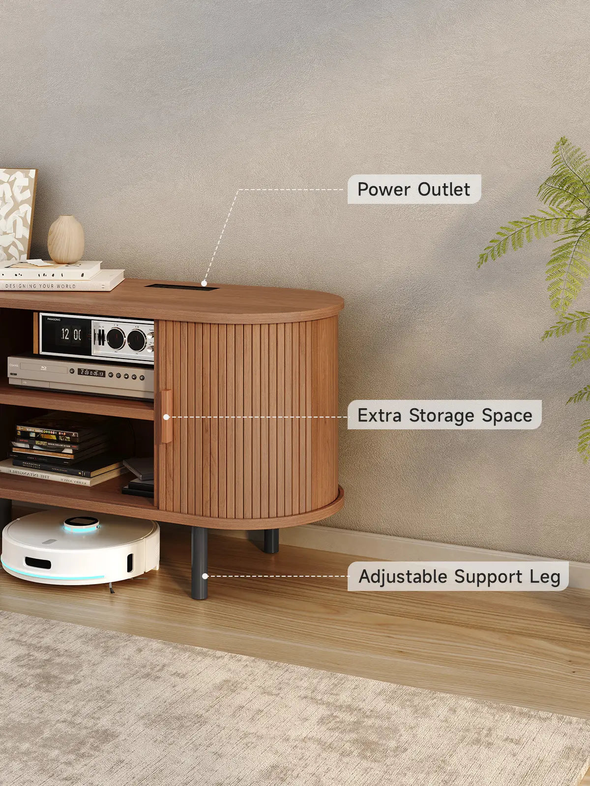 ONBRILL Mid-Century Modern Wooden TV Stand - 55/63/69 In, Fluted Look, Power Outlets, Sliding Doors, Adjustable Shelves, Easy Assembly, for 60/70 in Tvs, Living Room Furniture Media Console TV Shelf