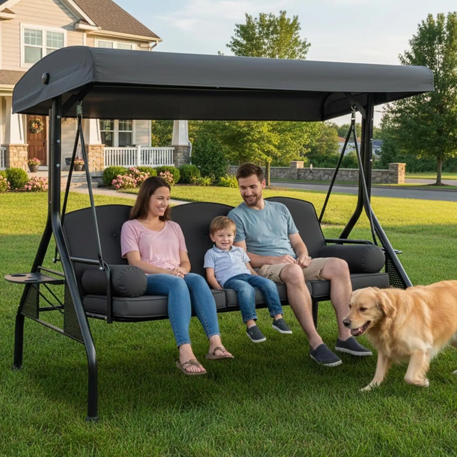 【Summervibes】Chairus Waterproof Porch Swing with Stand, Meatl Outdoor Swings for Adults, All Weather Outdoor Patio Swings with Canopy, Yard Swing with Canopy, 2 in 1 Swing Bed with Cupholders and Pillows for Backyard,Summervibes
