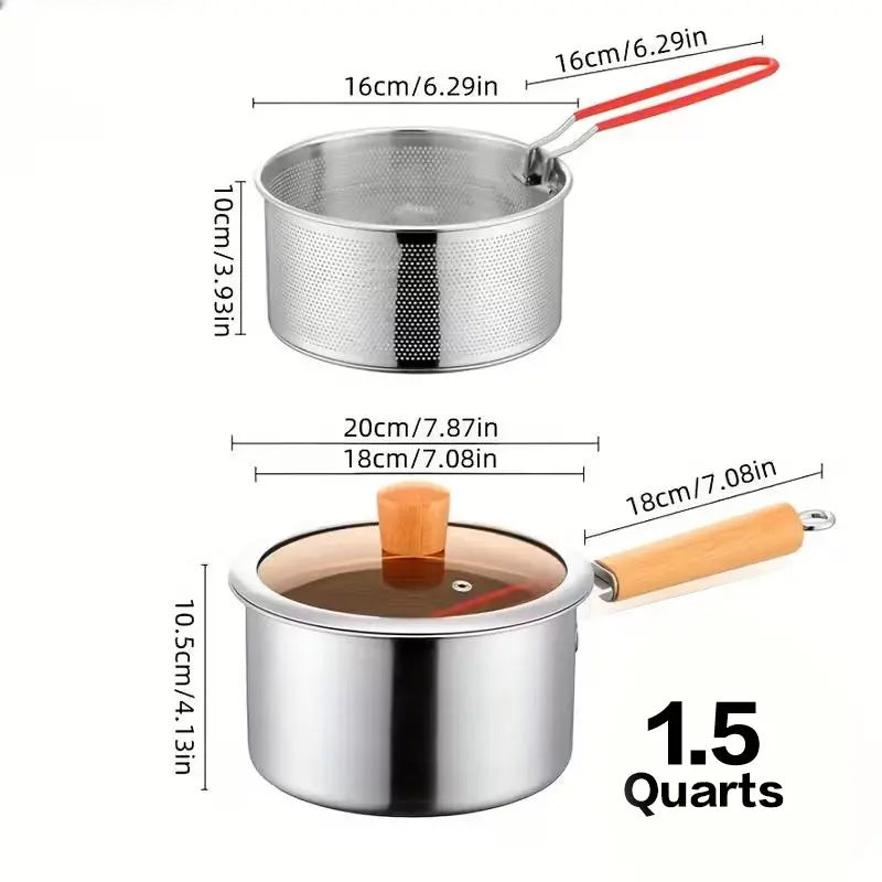 Stainless Steel Multifunctional Fryer- Deep Fryer with Basket-Non-Stick Saucepan-Deepfryer-Kitchenmusthaves-Suitable for Induction & Gas Stoves 1.5Quart