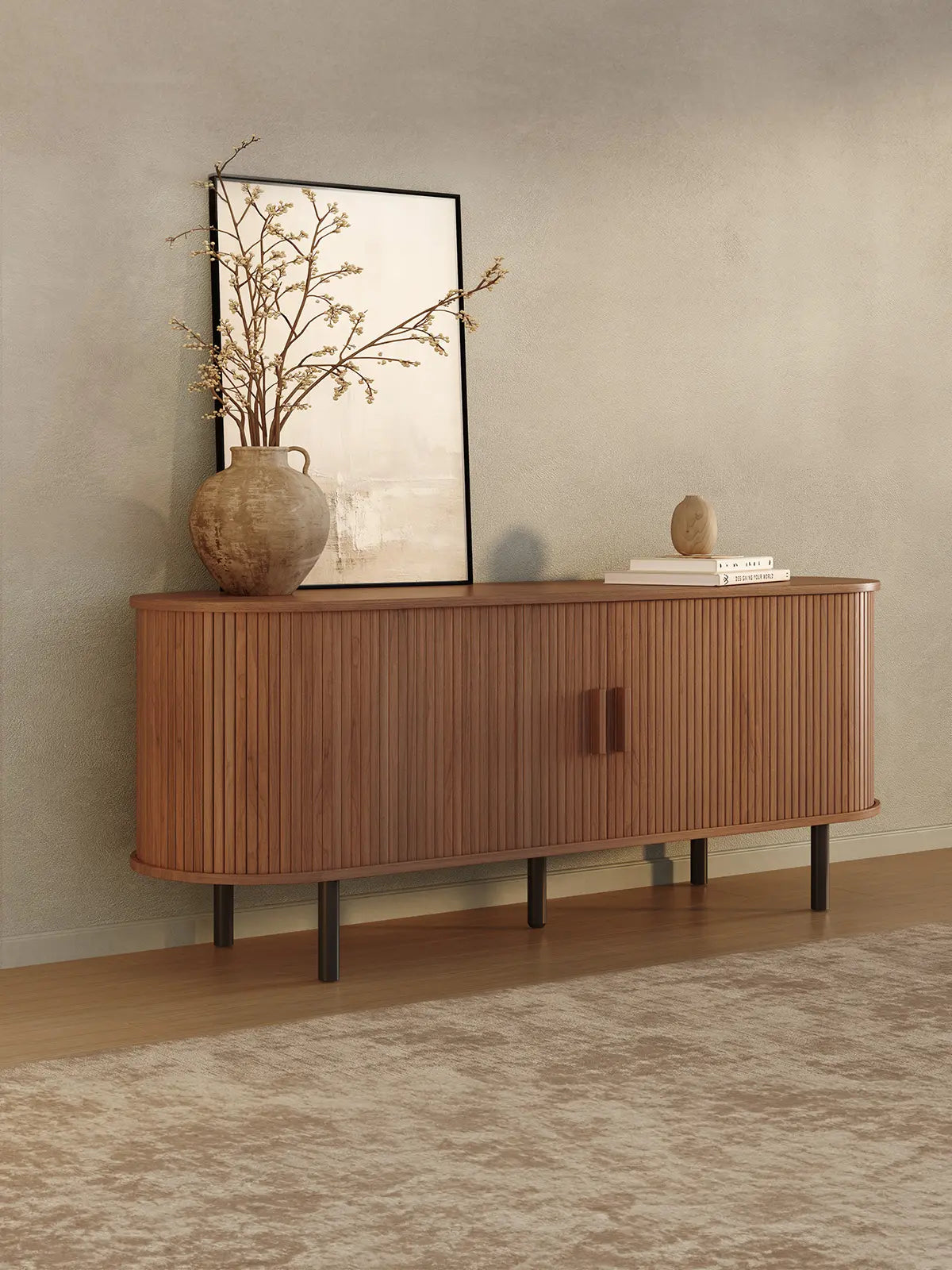 ONBRILL Mid-Century Modern Wooden TV Stand - 55/63/69 In, Fluted Look, Power Outlets, Sliding Doors, Adjustable Shelves, Easy Assembly, for 60/70 in Tvs, Living Room Furniture Media Console TV Shelf