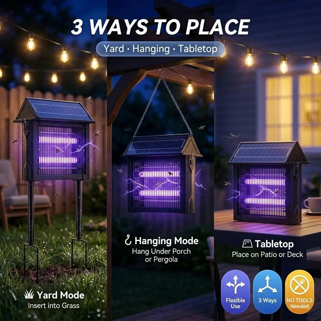 Solar Bug Zapper Outdoor, 4500V Mosquito Zapper Waterproof with Panel Sensor Electric Fly Zapper Rechargeable Mosquito Killer with 10FT Extension Cord, Fly Trap Ideal for Patio, Backyard, Camping Eliminator ,Dual Charging