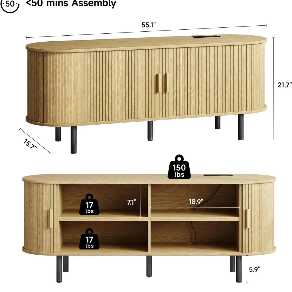 ONBRILL Mid-Century Modern Wooden TV Stand - 55/63/69 In, Fluted Look, Power Outlets, Sliding Doors, Adjustable Shelves, Easy Assembly, for 60/70 in Tvs, Living Room Furniture Media Console TV Shelf