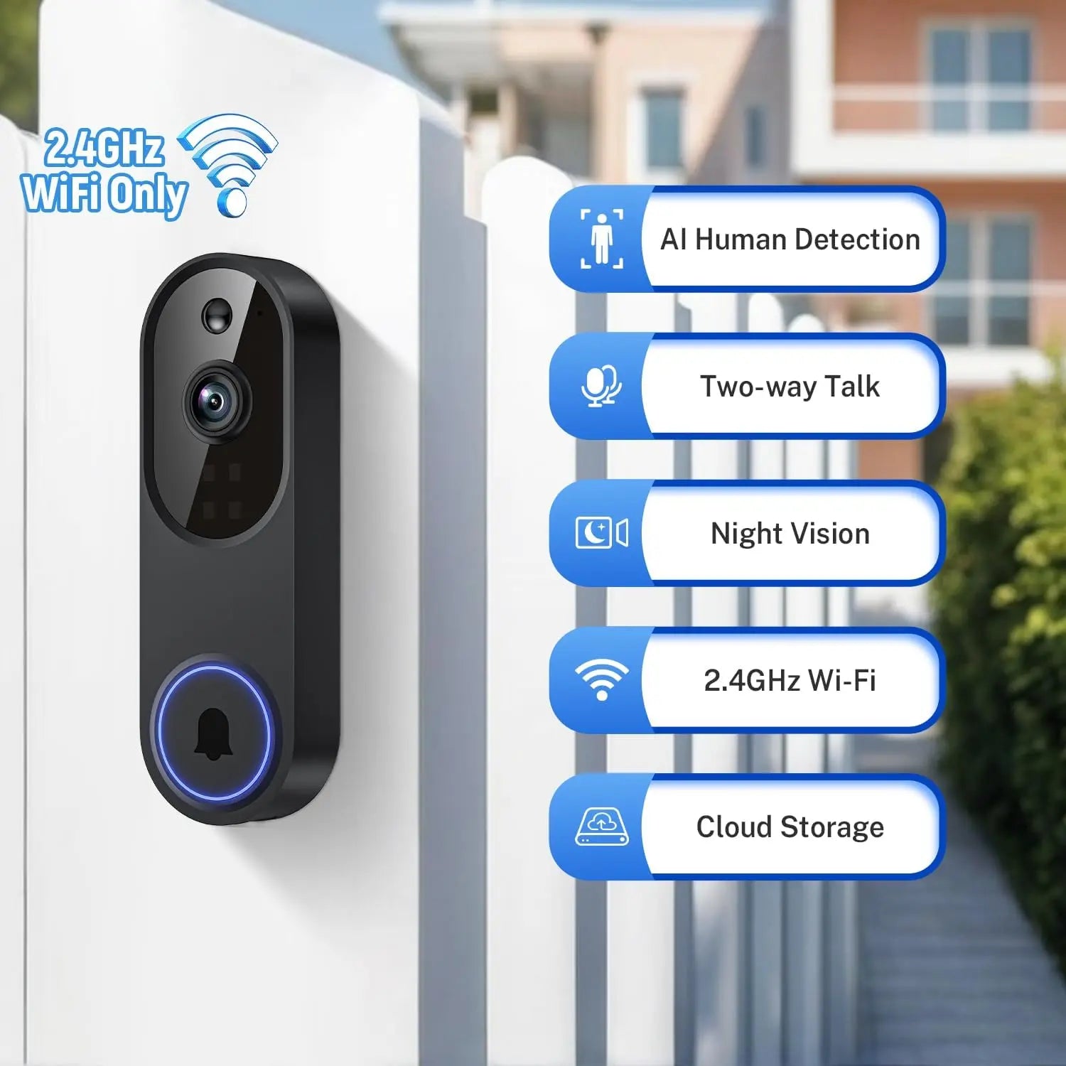 1080P Wireless Wi-Fi Video Doorbell Camera with Two Way Audio Night Vision Cloud Storage Smart AI Motion Detection Supports 2.4Ghz Wi-Fi Only for Home Security