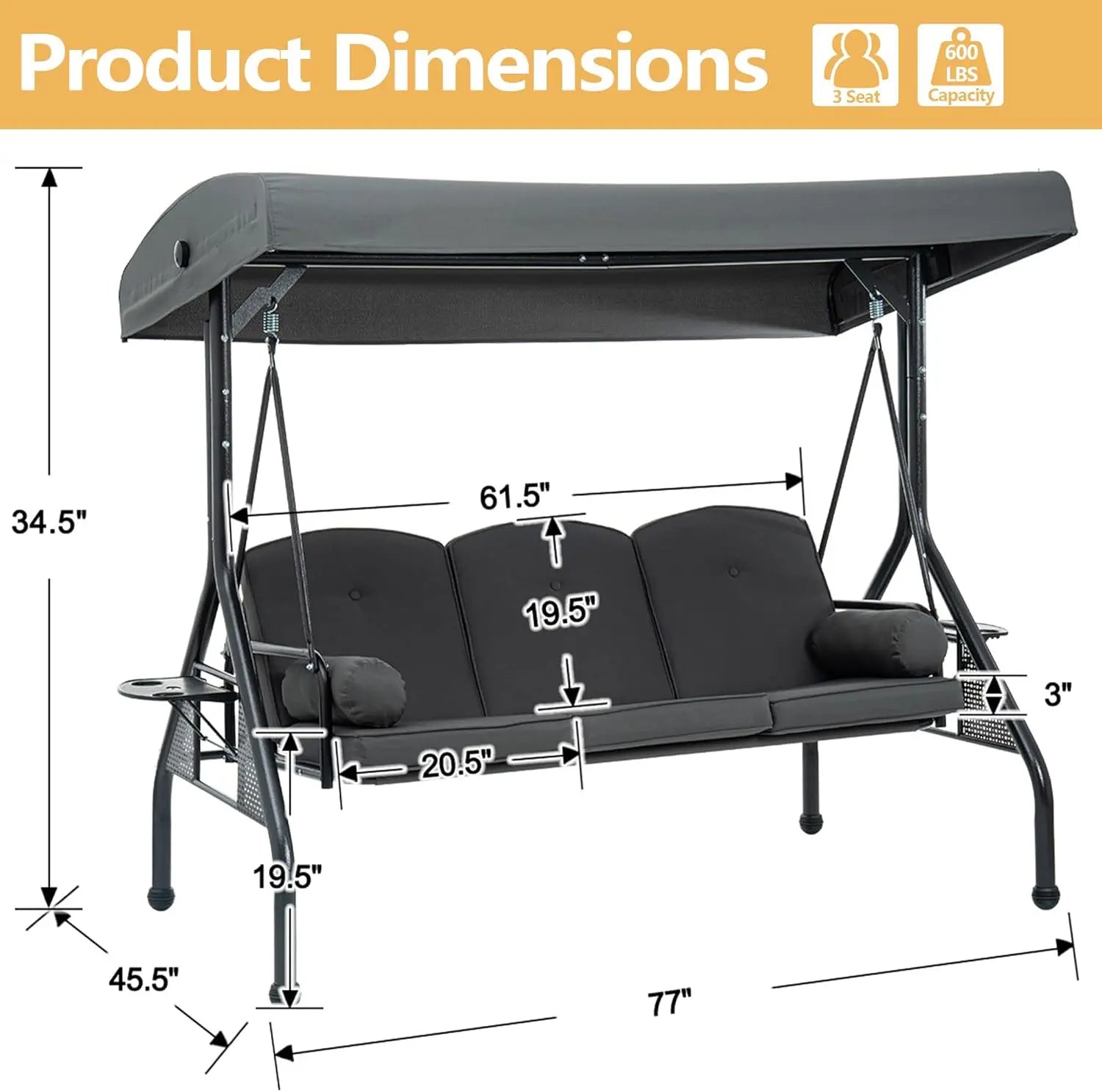 【Summervibes】Chairus Waterproof Porch Swing with Stand, Meatl Outdoor Swings for Adults, All Weather Outdoor Patio Swings with Canopy, Yard Swing with Canopy, 2 in 1 Swing Bed with Cupholders and Pillows for Backyard,Summervibes