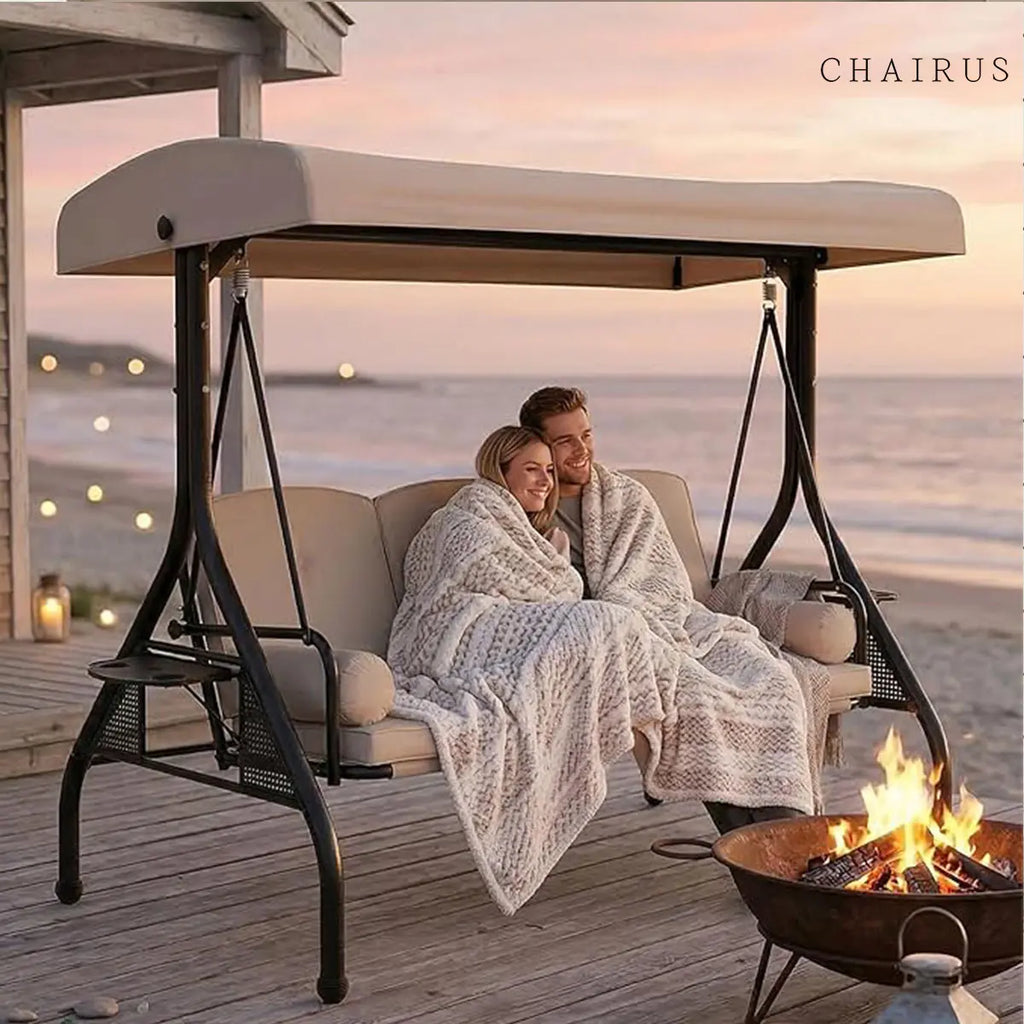 【Summervibes】Chairus Waterproof Porch Swing with Stand, Meatl Outdoor Swings for Adults, All Weather Outdoor Patio Swings with Canopy, Yard Swing with Canopy, 2 in 1 Swing Bed with Cupholders and Pillows for Backyard,Summervibes