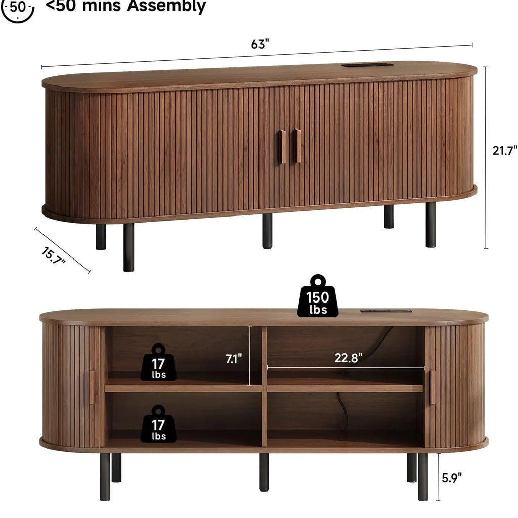 ONBRILL Mid-Century Modern Wooden TV Stand - 55/63/69 In, Fluted Look, Power Outlets, Sliding Doors, Adjustable Shelves, Easy Assembly, for 60/70 in Tvs, Living Room Furniture Media Console TV Shelf