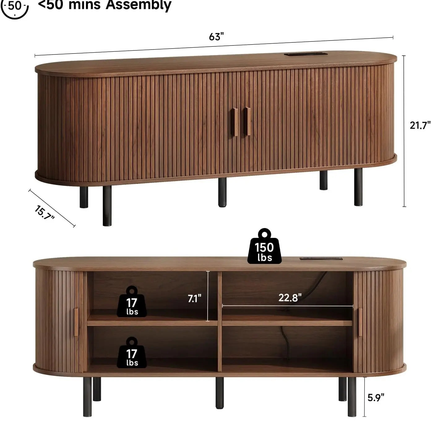 ONBRILL Mid-Century Modern Wooden TV Stand - 55/63/69 In, Fluted Look, Power Outlets, Sliding Doors, Adjustable Shelves, Easy Assembly, for 60/70 in Tvs, Living Room Furniture Media Console TV Shelf