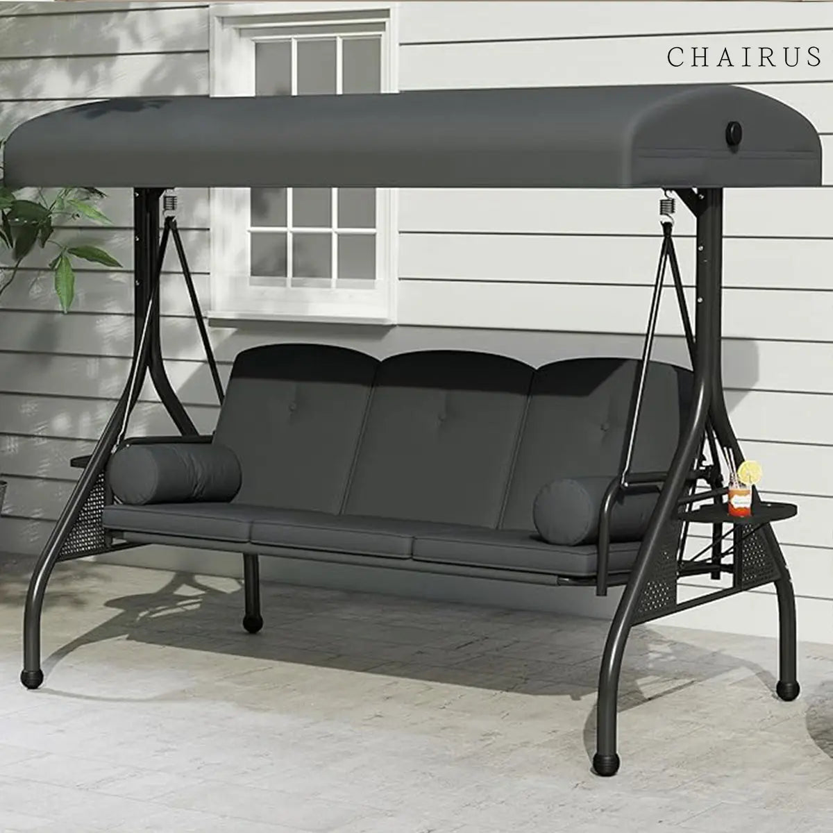 【Summervibes】Chairus Waterproof Porch Swing with Stand, Meatl Outdoor Swings for Adults, All Weather Outdoor Patio Swings with Canopy, Yard Swing with Canopy, 2 in 1 Swing Bed with Cupholders and Pillows for Backyard,Summervibes