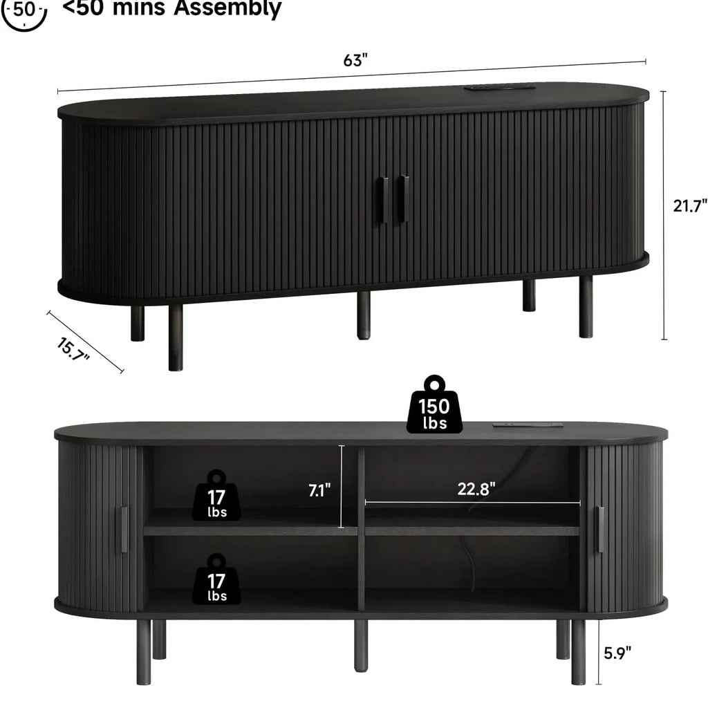 ONBRILL Mid-Century Modern Wooden TV Stand - 55/63/69 In, Fluted Look, Power Outlets, Sliding Doors, Adjustable Shelves, Easy Assembly, for 60/70 in Tvs, Living Room Furniture Media Console TV Shelf
