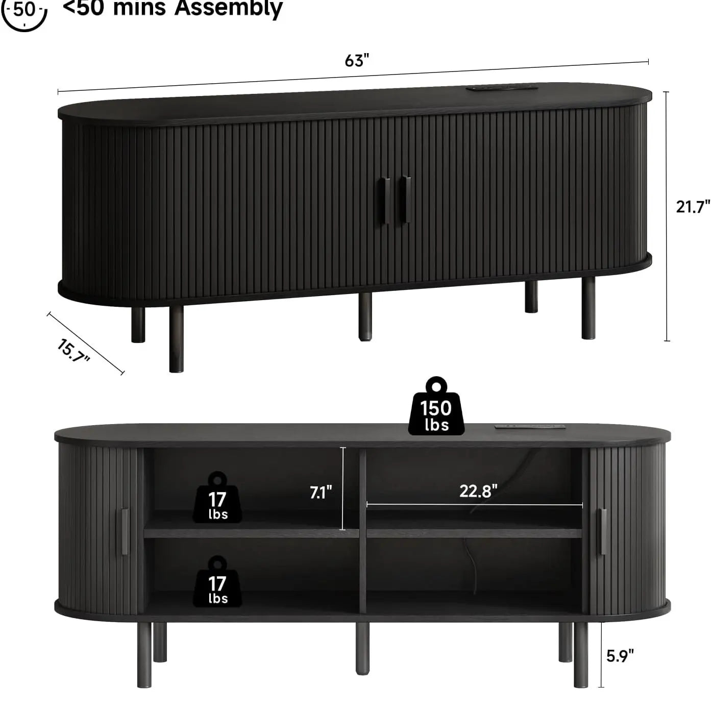 ONBRILL Mid-Century Modern Wooden TV Stand - 55/63/69 In, Fluted Look, Power Outlets, Sliding Doors, Adjustable Shelves, Easy Assembly, for 60/70 in Tvs, Living Room Furniture Media Console TV Shelf