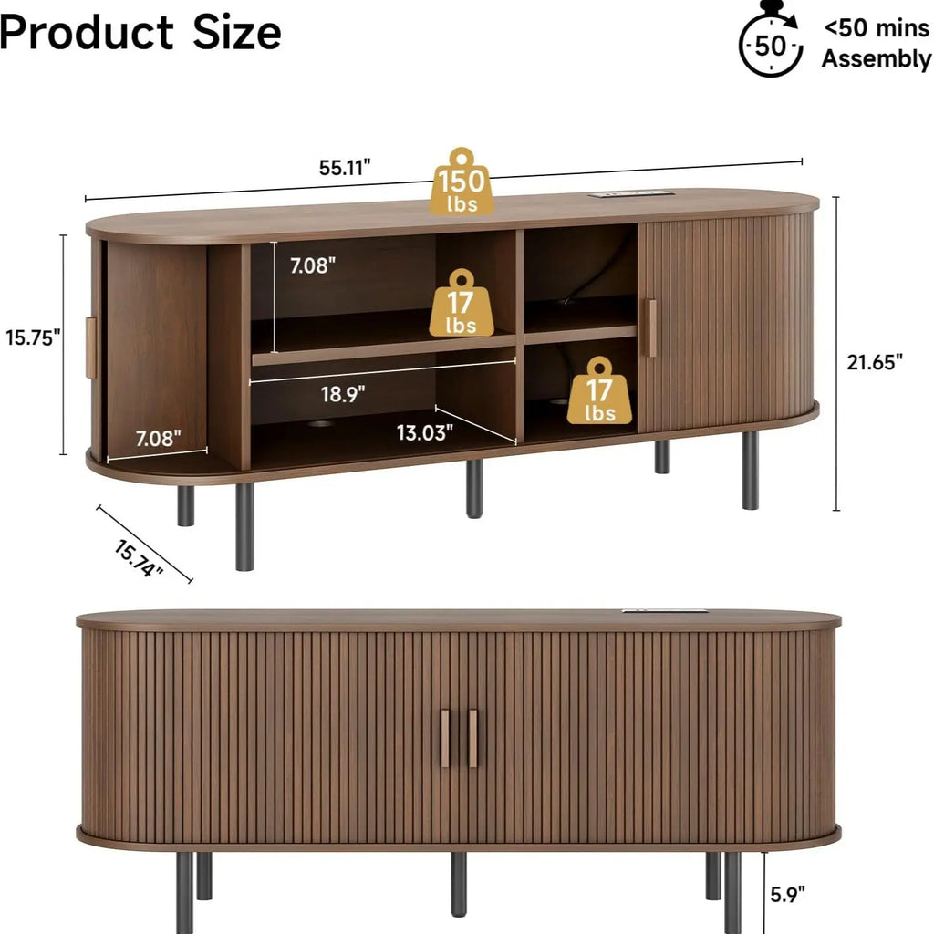 ONBRILL Mid-Century Modern Wooden TV Stand - 55/63/69 In, Fluted Look, Power Outlets, Sliding Doors, Adjustable Shelves, Easy Assembly, for 60/70 in Tvs, Living Room Furniture Media Console TV Shelf