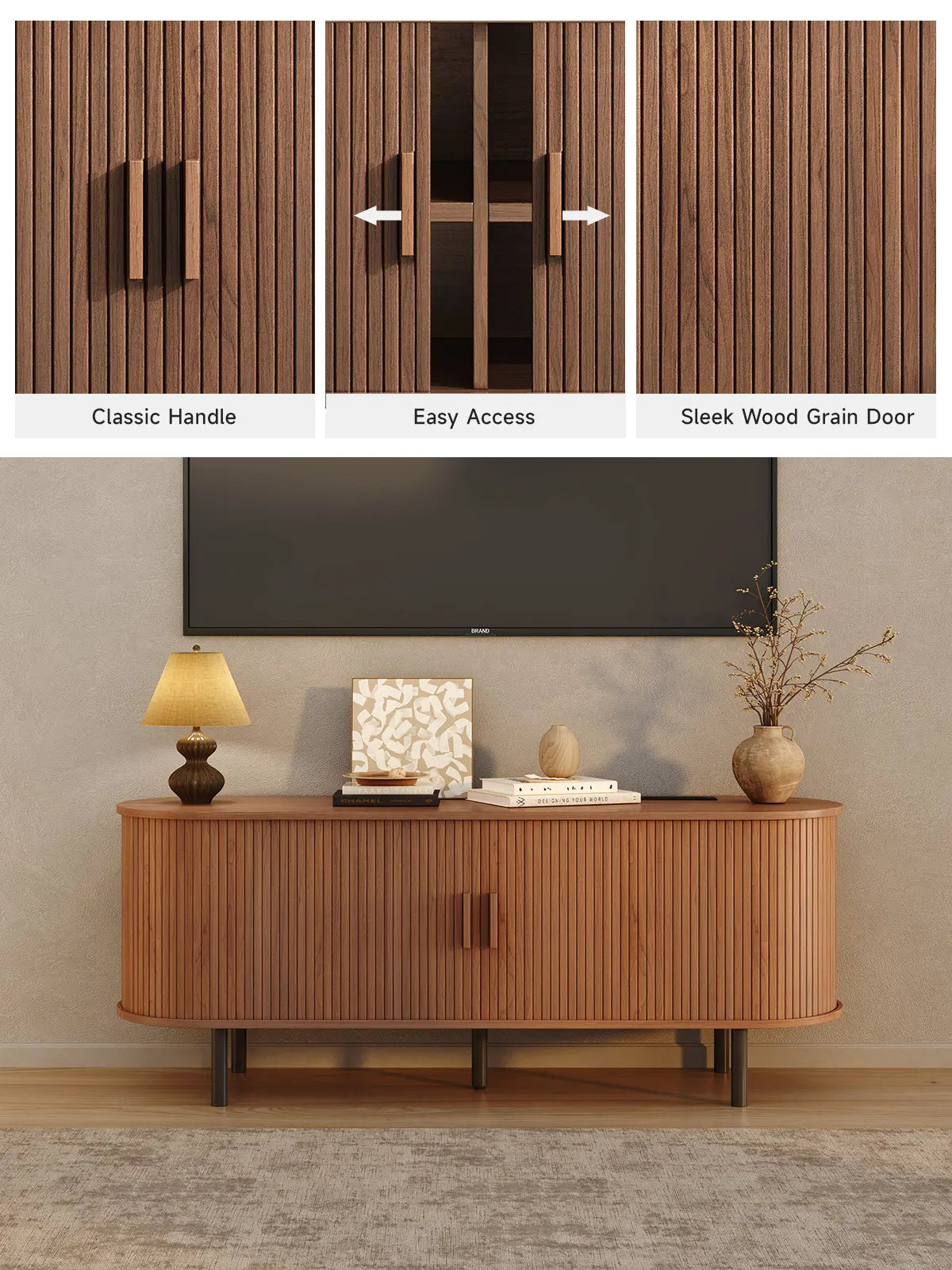 ONBRILL Mid-Century Modern Wooden TV Stand - 55/63/69 In, Fluted Look, Power Outlets, Sliding Doors, Adjustable Shelves, Easy Assembly, for 60/70 in Tvs, Living Room Furniture Media Console TV Shelf