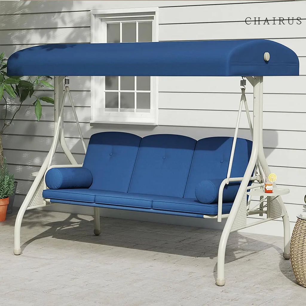 【Summervibes】Chairus Waterproof Porch Swing with Stand, Meatl Outdoor Swings for Adults, All Weather Outdoor Patio Swings with Canopy, Yard Swing with Canopy, 2 in 1 Swing Bed with Cupholders and Pillows for Backyard,Summervibes