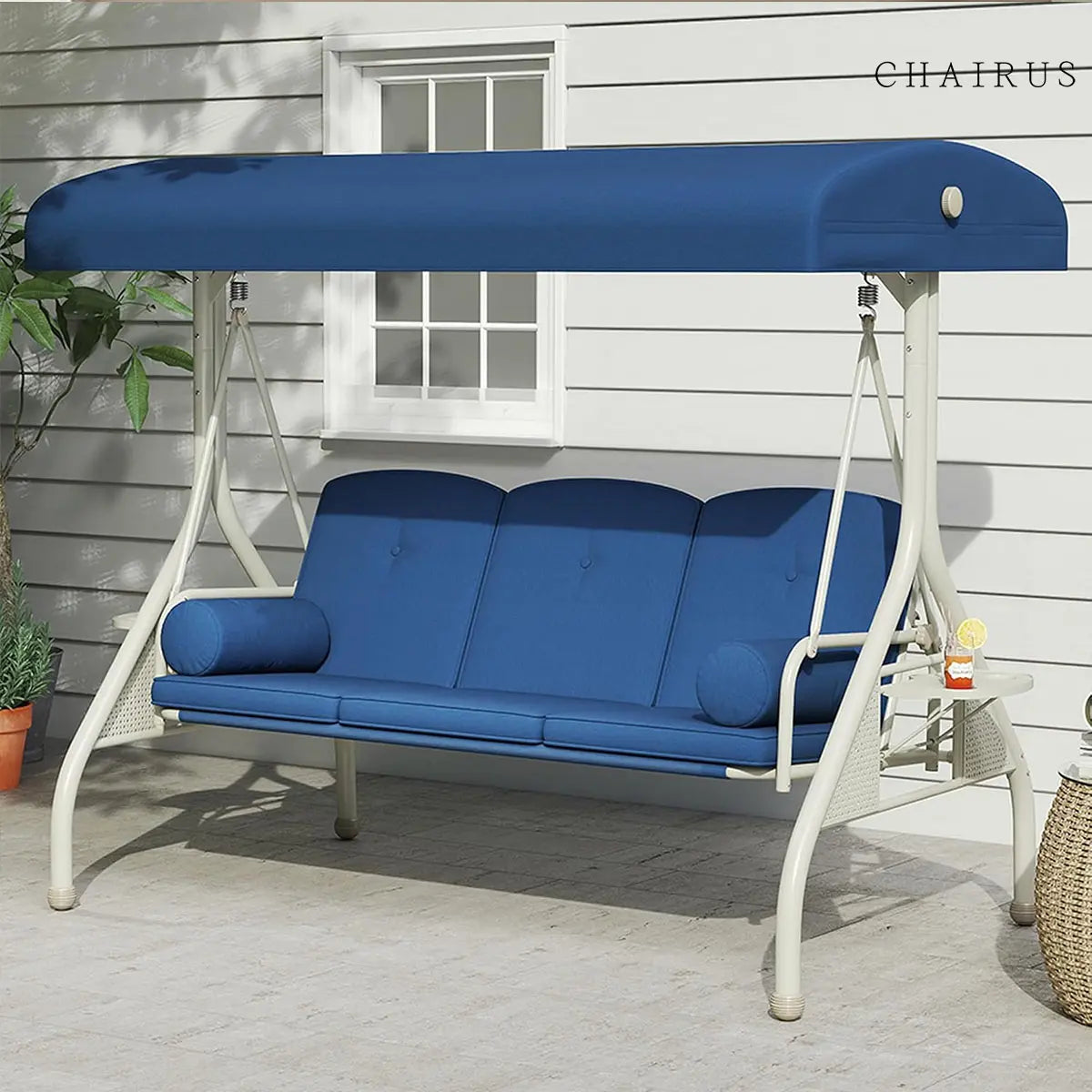 【Summervibes】Chairus Waterproof Porch Swing with Stand, Meatl Outdoor Swings for Adults, All Weather Outdoor Patio Swings with Canopy, Yard Swing with Canopy, 2 in 1 Swing Bed with Cupholders and Pillows for Backyard,Summervibes