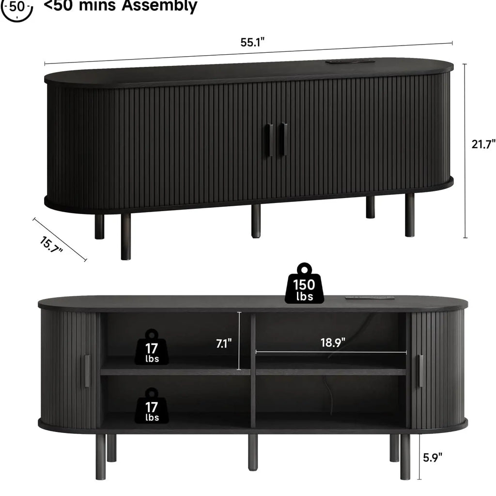 ONBRILL Mid-Century Modern Wooden TV Stand - 55/63/69 In, Fluted Look, Power Outlets, Sliding Doors, Adjustable Shelves, Easy Assembly, for 60/70 in Tvs, Living Room Furniture Media Console TV Shelf