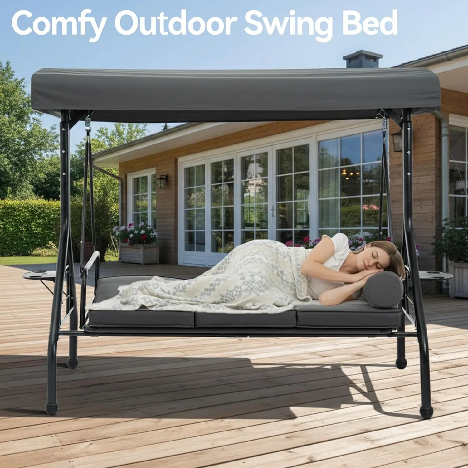【Summervibes】Chairus Waterproof Porch Swing with Stand, Meatl Outdoor Swings for Adults, All Weather Outdoor Patio Swings with Canopy, Yard Swing with Canopy, 2 in 1 Swing Bed with Cupholders and Pillows for Backyard,Summervibes