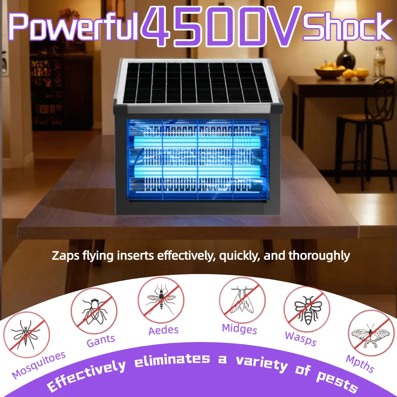 Solar Bug Zapper Outdoor, 4500V Mosquito Zapper Waterproof with Panel Sensor Electric Fly Zapper Rechargeable Mosquito Killer with 10FT Extension Cord, Fly Trap Ideal for Patio, Backyard, Camping Eliminator ,Dual Charging
